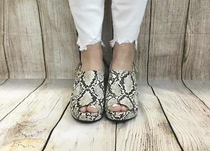 Corkys Black and White Snake Peep Toe