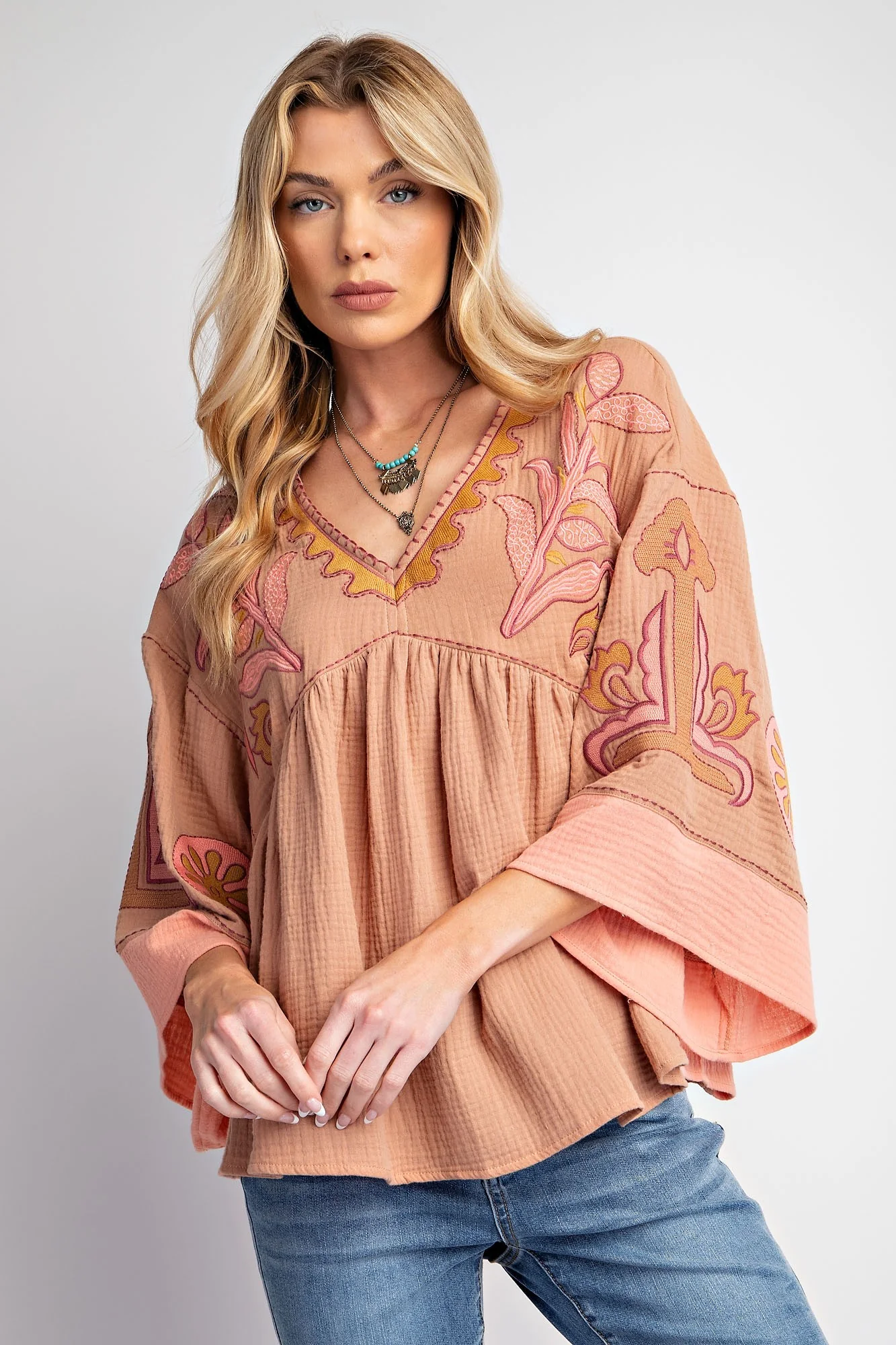 Easel Embroidery Detail Babydoll Top - Image 3