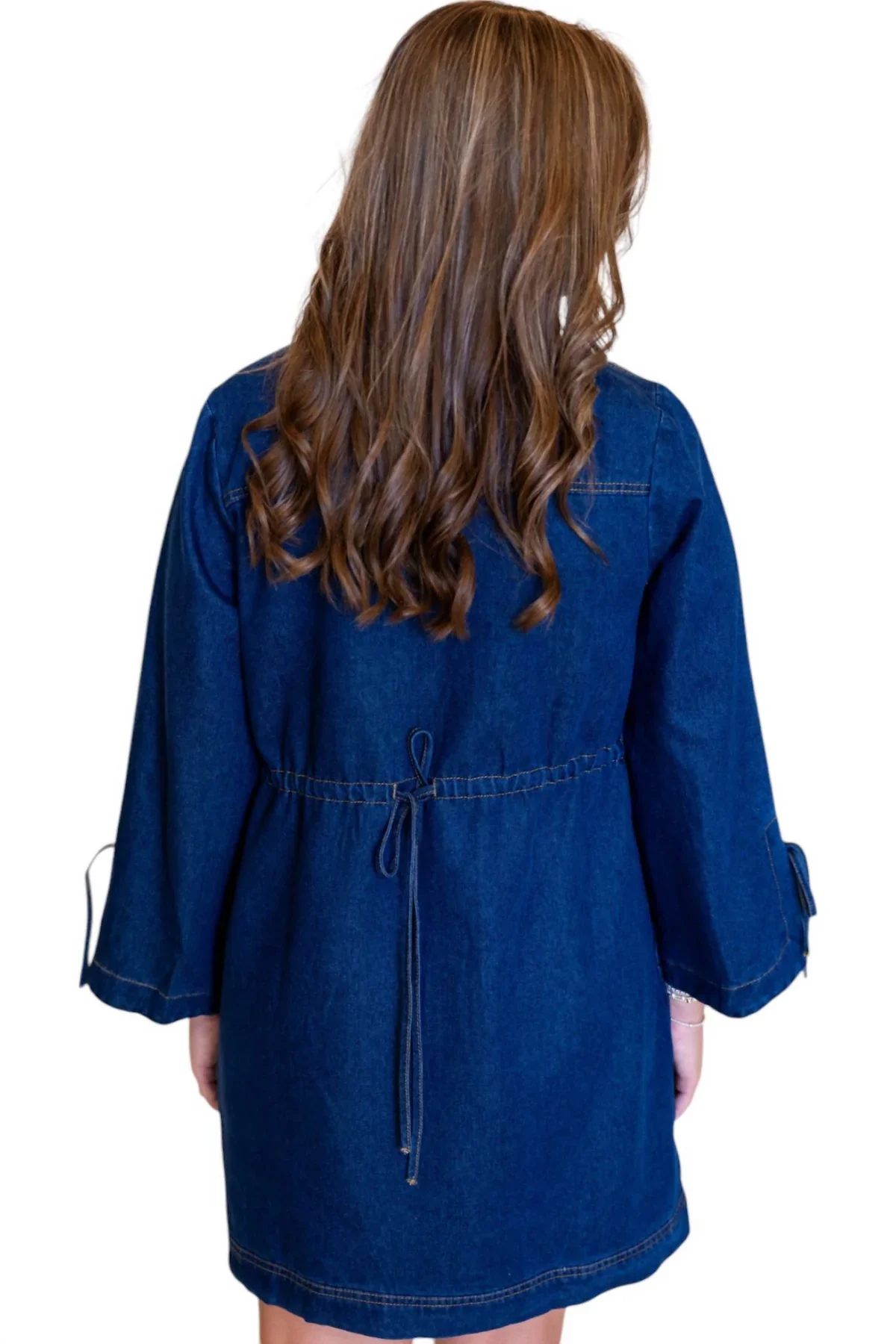 Entro Denim Dress W/Slit Sleeves & Cinch Waist With Tie Back - Image 2