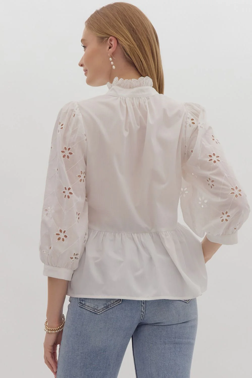 Entro Eyelet Lace 3/4 Sleeve Ruffled Top - Image 2