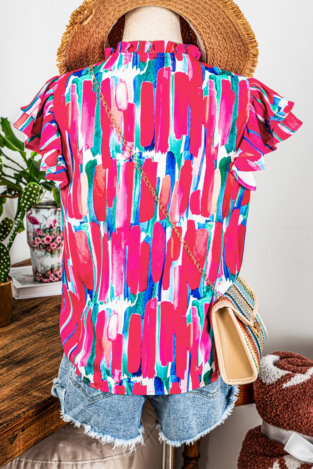FashionWorks Boho Abstract Brush Ruffled Sleeve Frill Blouse - Image 2