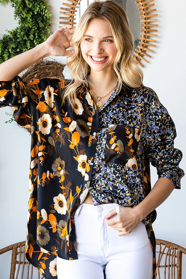 First Love Floral Block Button Down Satin Shirt - Image 4