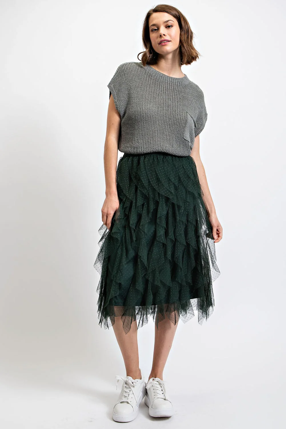 GiGio Ruffled Tulle Elastic Waist Midi Skirt - Image 4