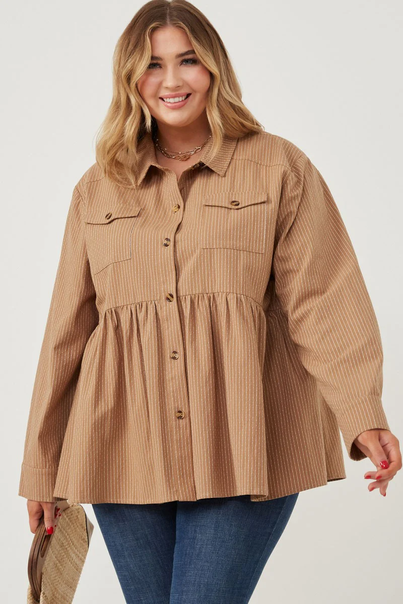 Hayden Long Sleeve Textured Pinstripe Peplum Button Up Shirt - Image 3