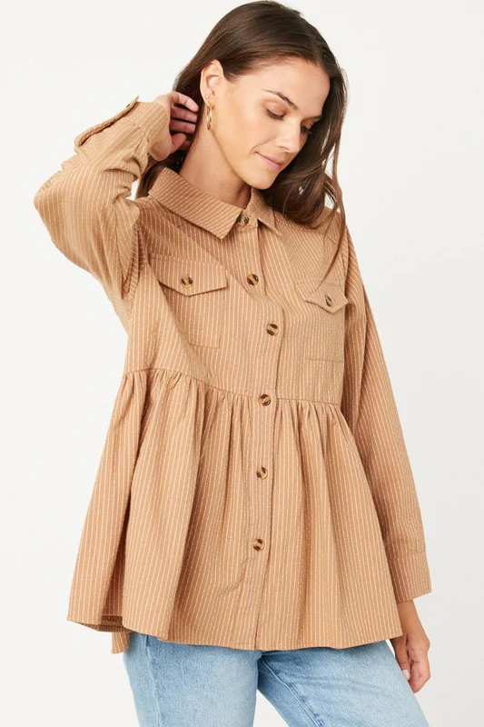 Hayden Long Sleeve Textured Pinstripe Peplum Button Up Shirt - Image 5