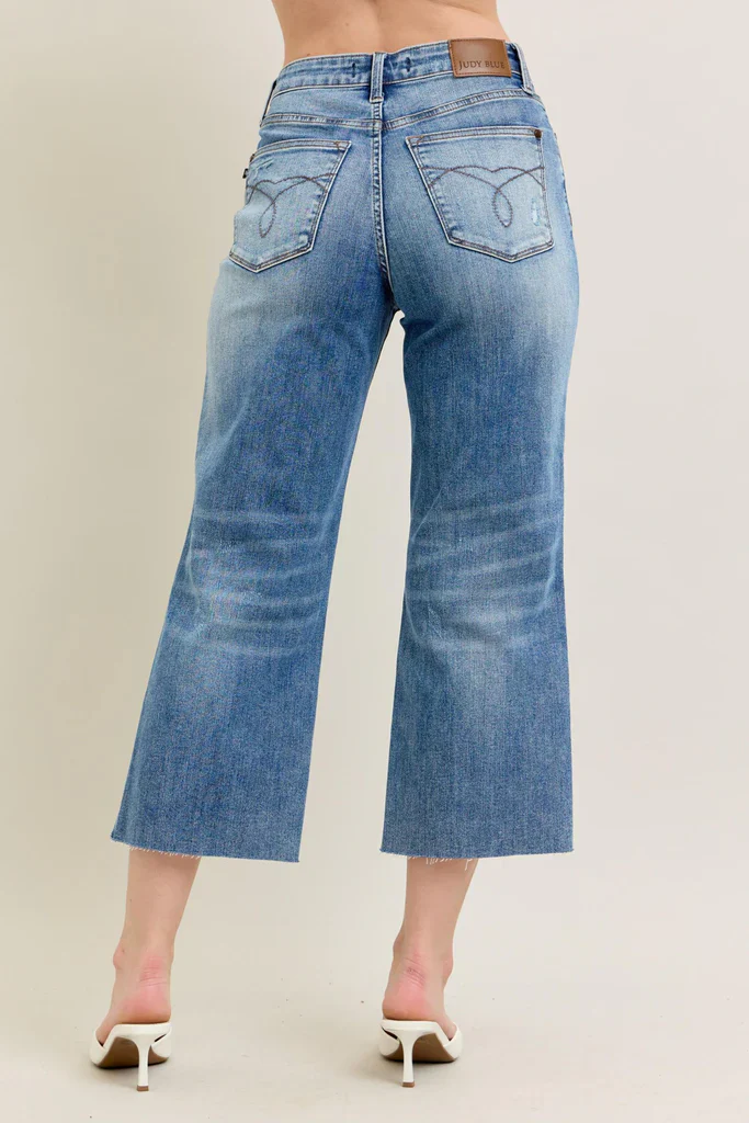 Judy Blue HW Back Pkt Embroidery Destroy Raw Hem Crop Wide - Image 2