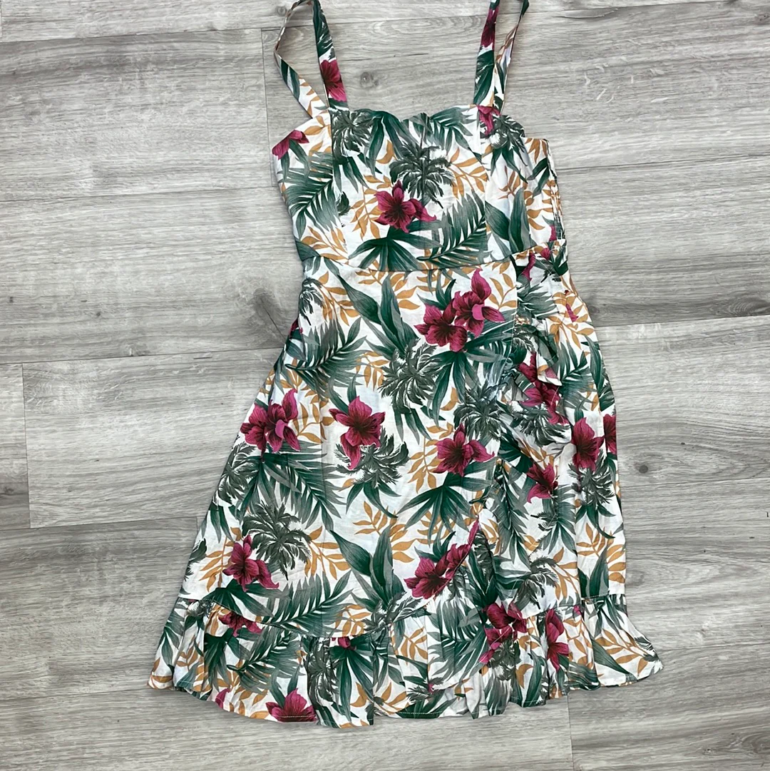 Kori America Tropical Printed Ruffle Wrap Mini Dress