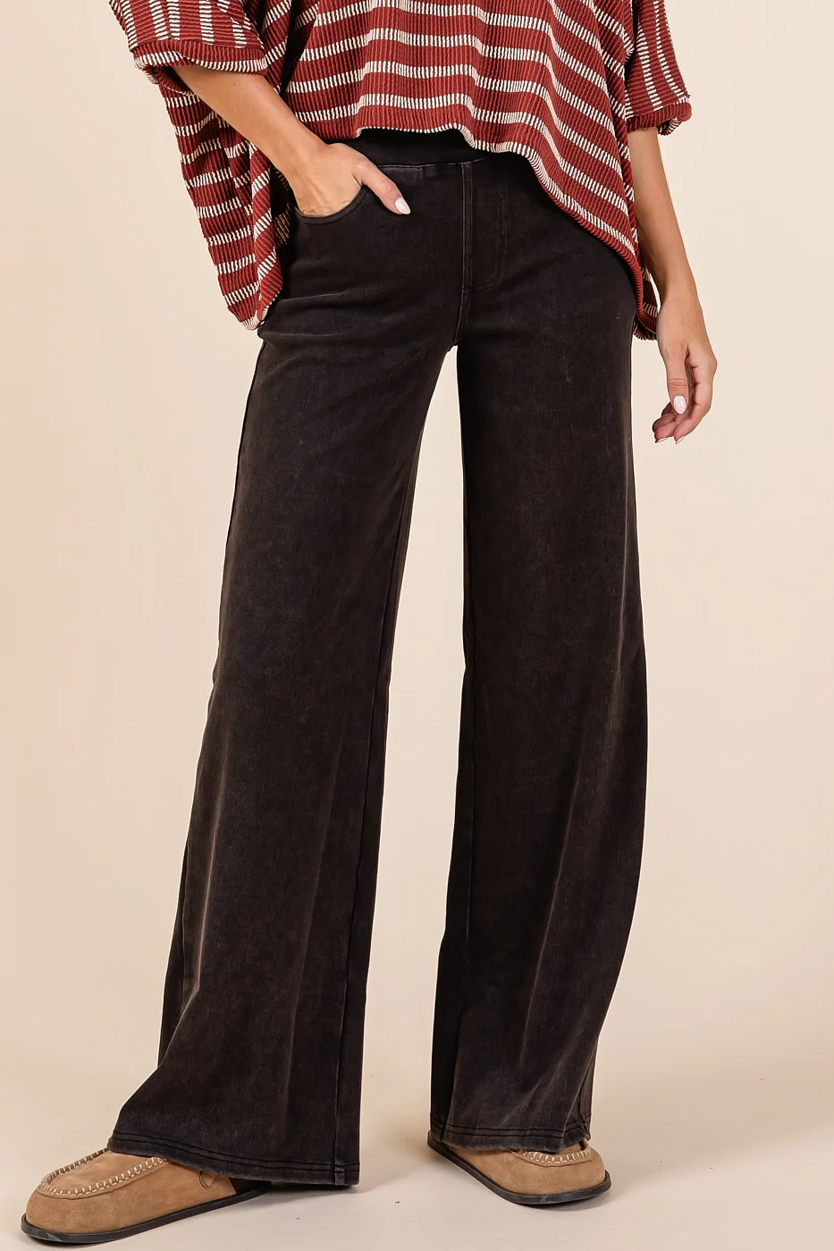 Mittoshop Washed Denim Elastic Waistband Wide Leg Pants - Image 2