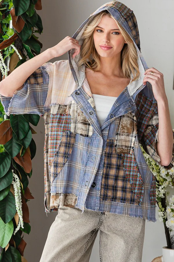 Oli & Hali Plaid Mix Button Down Hoodie