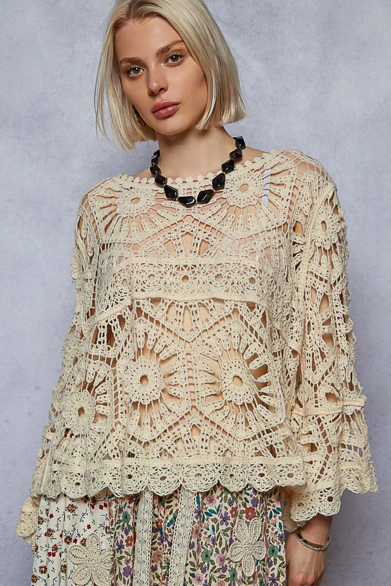 POL One Size 3/4 Sleeve Crochet Crop Top - Image 2