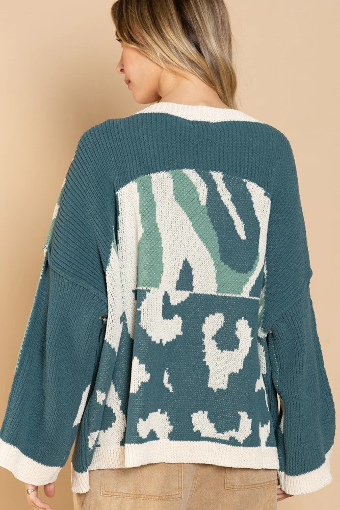 POL Solid Color Block & Camo Sweater - Image 2