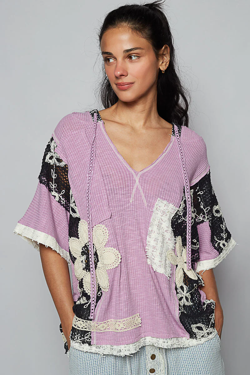 POL V-Neck Hoodie Rib Lace Detail Top