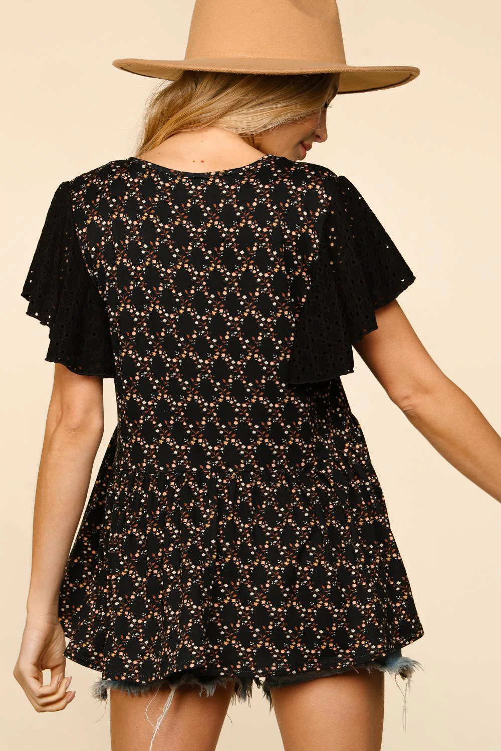 Sugarfox Floral Print V Neck Flutter Merrow Hem Babydoll - Image 2