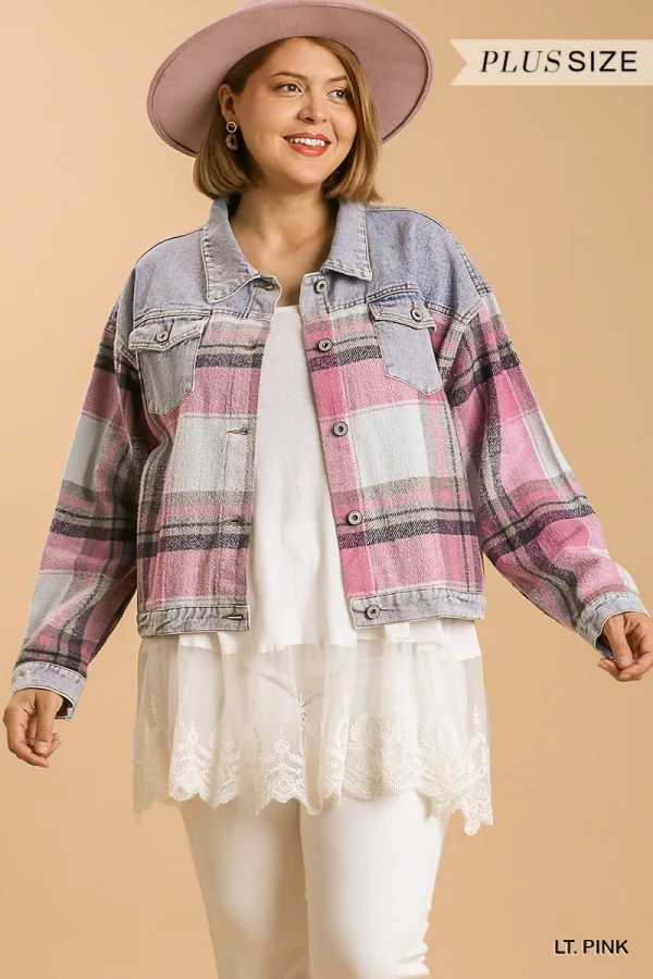 Umgee Button Down Denim Jacket With Plaid Detailing - Image 4
