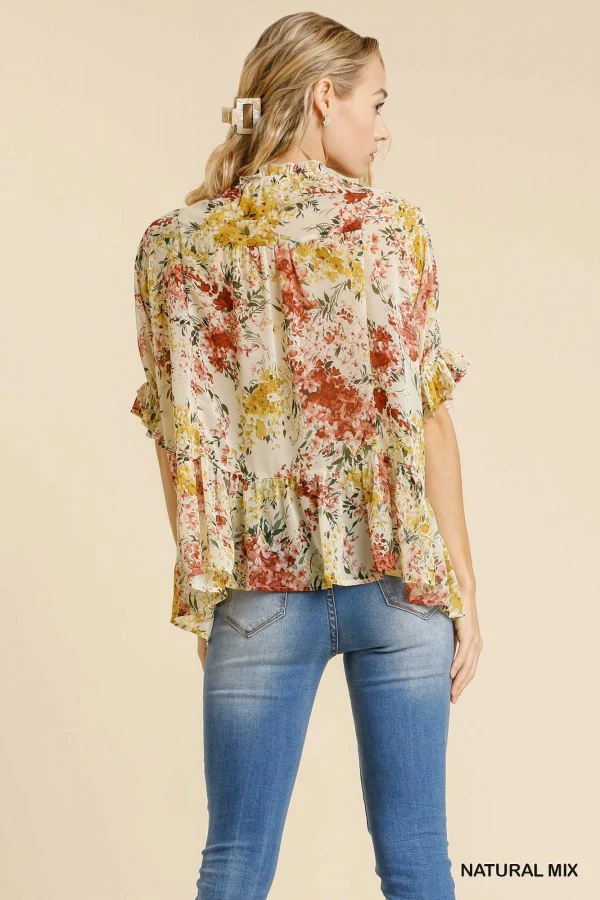 Umgee Floral Print split Neck short sleeve ruffle tiered top - Image 2