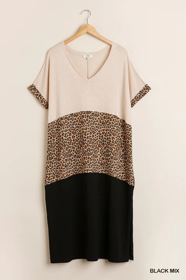 Umgee Linen Blend Animal Print Colorblock Dress