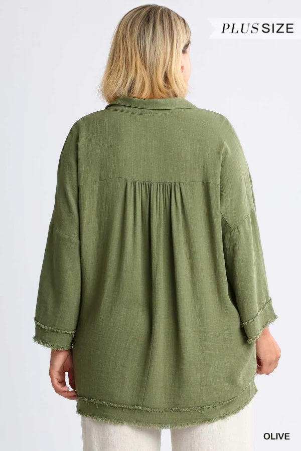 Umgee Linen Blend Collared 3/4 Sleeve Top - Image 2