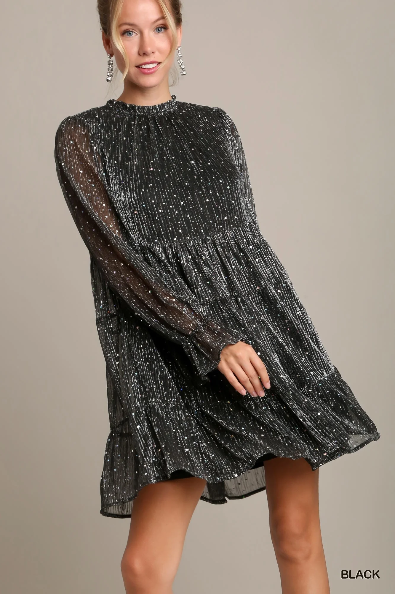 Umgee Rhinestone Embellished Tiered Metallic Mini Dress - Image 3