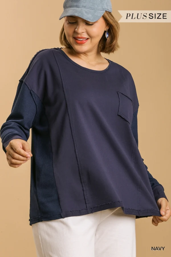 Umgee Round Neck Top with Waffle Knit Long Sleeve - Image 2
