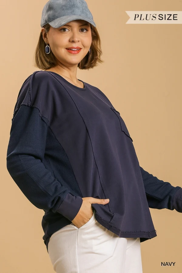 Umgee Round Neck Top with Waffle Knit Long Sleeve - Image 3