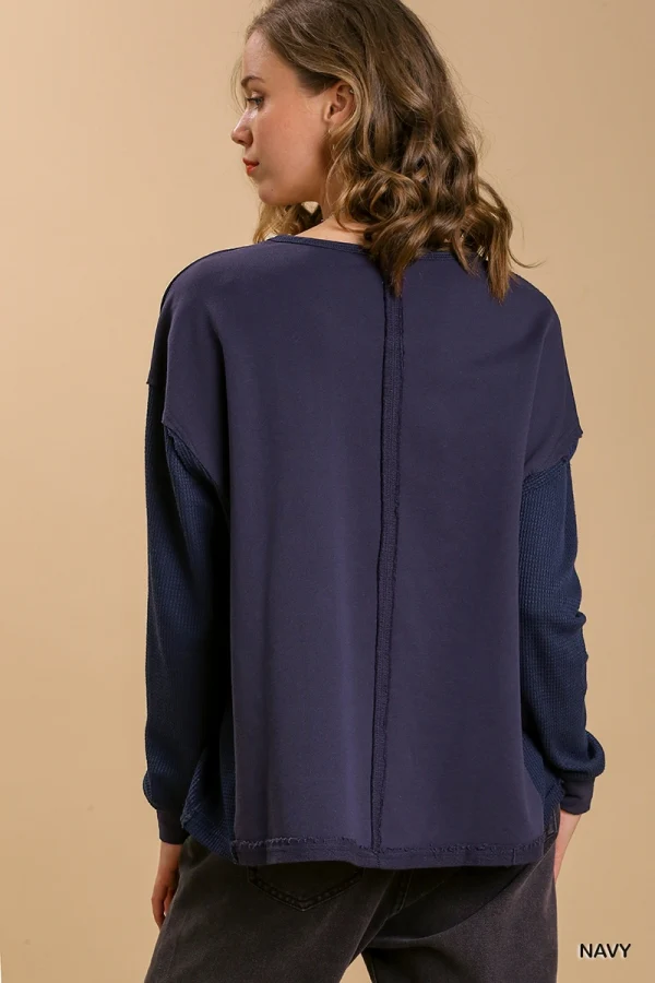 Umgee Round Neck Top with Waffle Knit Long Sleeve - Image 4