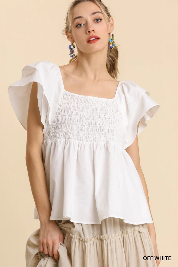 Umgee Smocked Poplin Short Sleeve Ruffle Top