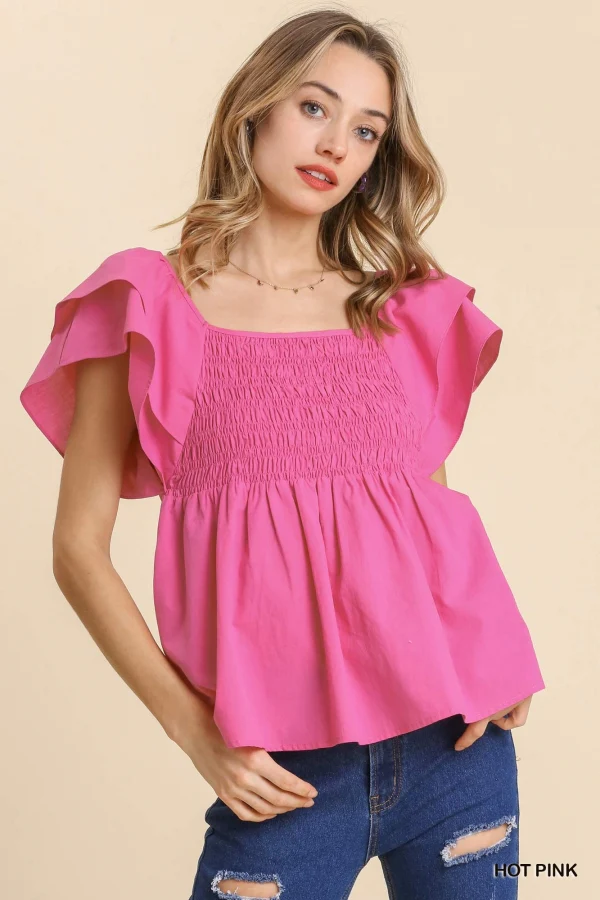 Umgee Smocked Poplin Short Sleeve Ruffle Top - Image 2