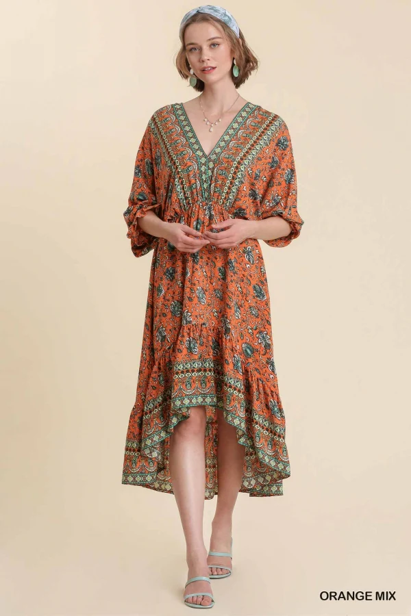 Umgee V-Neck Paisley Dress With High Low Hem