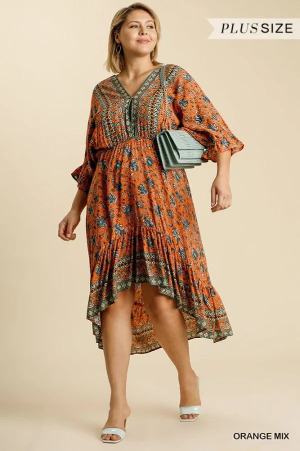 Umgee V-Neck Paisley Dress With High Low Hem - Image 3