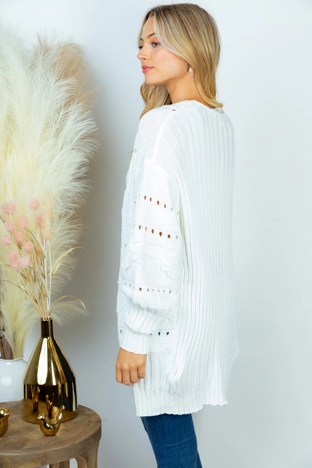 White Birch Open Front Eyelet detail Cardigan - Image 2