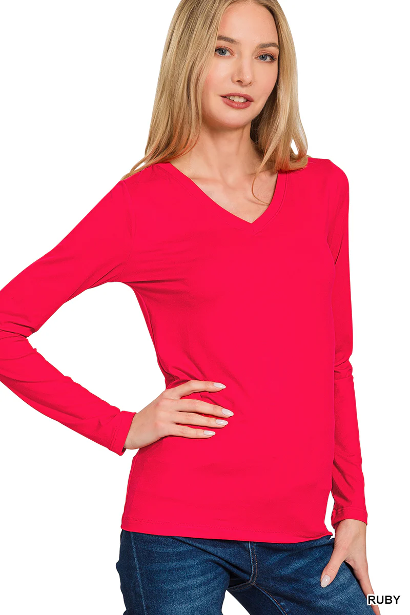 Zenana Brushed Microfiber Long Sleeve V-Neck Tee - Image 8